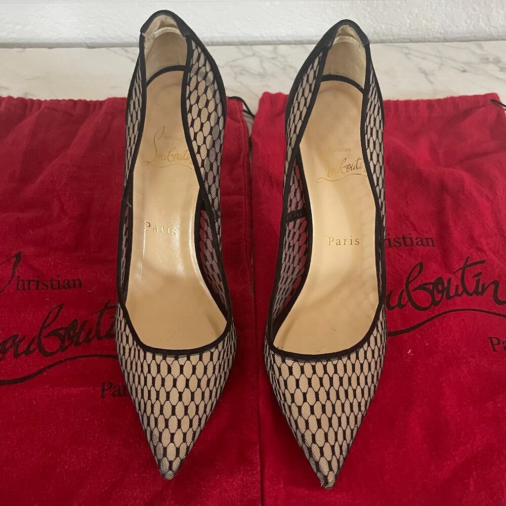 Christian Louboutin Pigaresille Lace-Pattern Mesh Suede Pump - Size 38